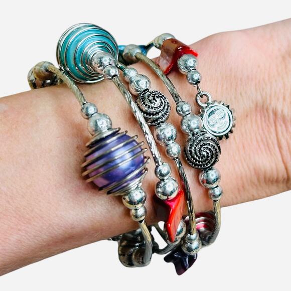 Colorful Caged Bead Silver Tone Flex Wire Stretch Bracelet - Picture 1 of 5
